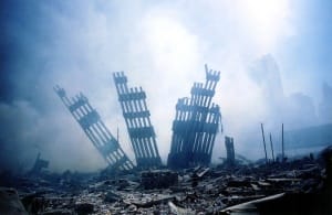 The rubble of the World Trade Center smo