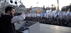 Northern League party leader Matteo Salvini speaks on stage during a rally downtown Rome