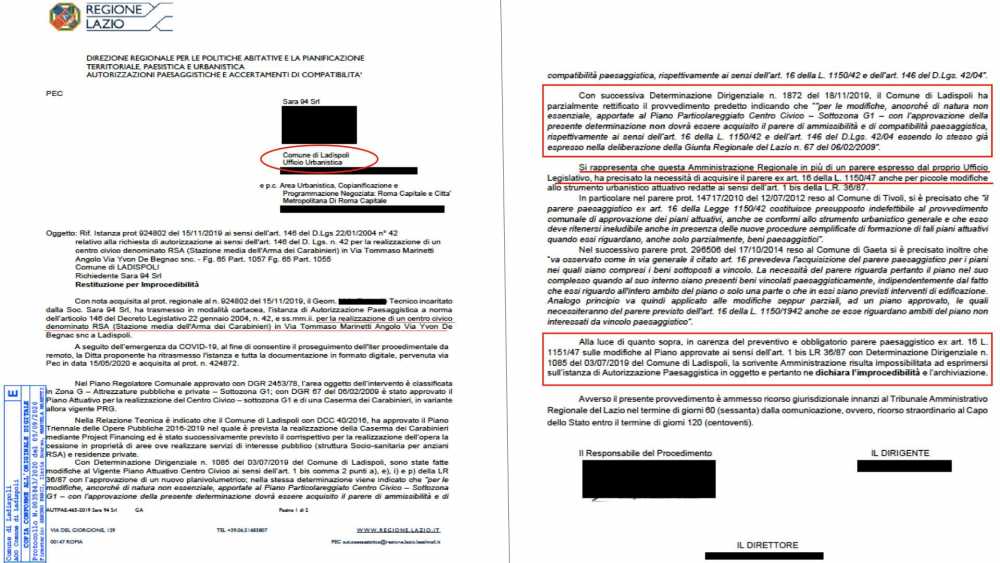 lettera regione caserma carabinieri ladispoli paesaggistica