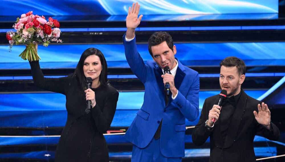72nd Sanremo Music Festival (L-R) Italian singer Laura Pausini, Lebanese-British singer Mika, and Italian Tv host Alessandro Cattelan on stage at the Ariston theatre during the 72nd Sanremo Italian Song Festival, in Sanremo, Italy, 02 February 2022. The music festival runs from 01 to 05 February 2022. ANSA/RICCARDO ANTIMIANI