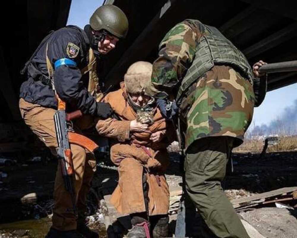 guerra ucraina anziana con micio soldati