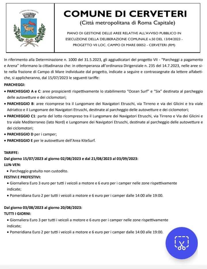 parcheggi pagamento cerenova campo mare marina cerveteri