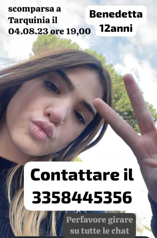 benedetta cristofari scomparsa tarquinia 12 anni
