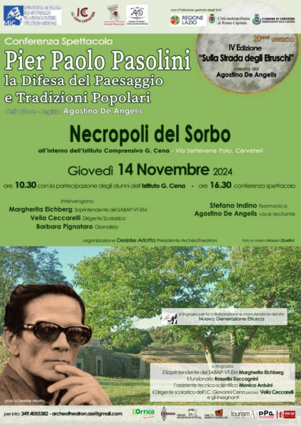 locandina conferenza spettacolo Pasolini Necropoli del Sorbo Cerveteri