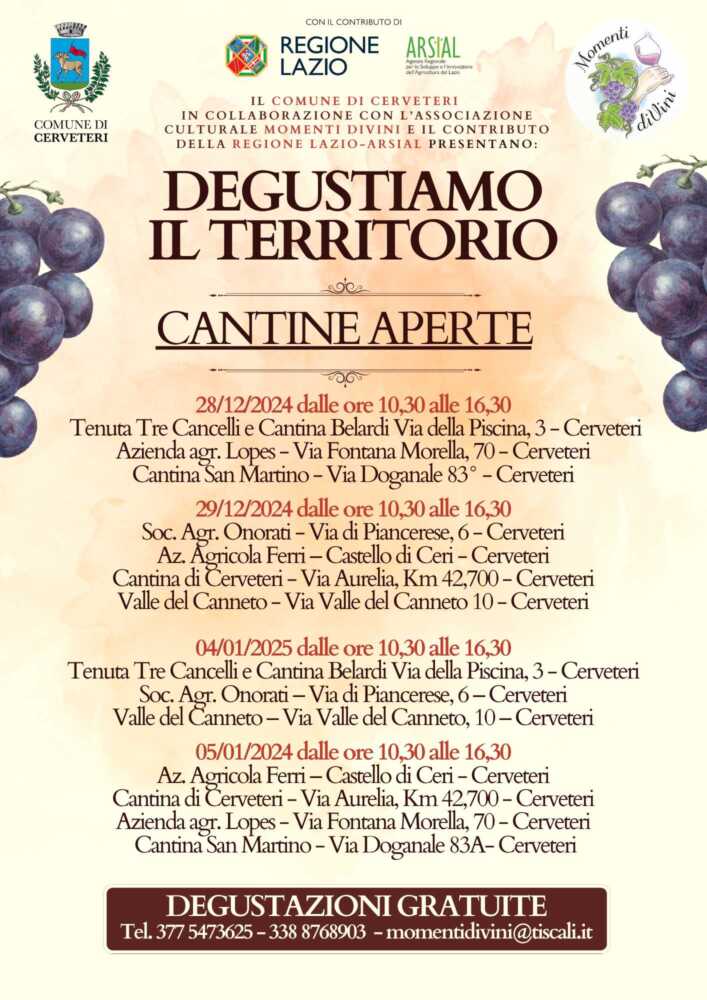 Una serie di incontri e degustazioni nelle cantine del territorio, masterclass guidate, seminari, laboratori, show-cooking, momenti conviviali al fine di valorizzare e promuovere le produzioni vitivinicole del territorio Cerite, i prodotti tipici dell’agrifood locale e del patrimonio paesaggistico e culturale, i prodotti a marchio De.C.O.. Si tratta della rassegna "Degustiamo il territorio", organizzata dall'Assessorato alle Politiche Agricole del Comune di Cerveteri, insieme all'Associazione Momenti diVini e con il contributo e finanziamento della Regione Lazio e di Arsial. “Le cantine vitivinicole di Cerveteri aprono al pubblico con una serie di appuntamenti speciali durante i quali i visitatori potranno fare degustazioni e conoscere, attraverso la presenza dei sommelier delle varie aziende, le peculiarità, i segreti e le caratteristiche, anche le più nascoste o curiose, del prodotto che da sempre rende Cerveteri orgogliosa e famosa nel mondo, ovvero il vino – ha dichiarato l’Assessore alle Politiche Agricole del Comune di Cerveteri Riccardo Ferri – oltre alle aperture straordinarie delle cantine, spazio anche a momenti prettamente informativi, con seminari sui prodotti a marchio De.C.O., il marchio di Denominazione Comunale d'Origine istituito per tutelare e valorizzare un prodotto tipico, una ricetta tradizionale, un’attività agroalimentare o un prodotto dell’artigianato di Cerveteri, laboratori didattici e masterclass. Per tutte le festività natalizie, dal 28 dicembre al 5 gennaio, il territorio di Cerveteri celebrerà il vino: considerato il periodo, potrà essere anche occasione per chi visiterà le nostre cantine, per acquistare del vino per poi servirlo nei giorni di festa o magari per farne dono ad una persona cara”. “A pochi giorni dall’avvio di questa iniziativa – aggiunge l’Assessore Riccardo Ferri – una vetrina davvero importante per il settore agricolo della nostra città, ci tengo a fare un ringraziamento a Catia Minghi dell’Associazione Momenti diVini, che come sempre con estrema professionalità condurrà le giornate, caratterizzate da un programma davvero ricco, e i dipendenti della Segreteria del Sindaco, Chiara De Vincenzo, Luca Paolangeli e William Tosoni, che con grande impegno hanno lavorato predisponendo tutta la documentazione necessaria all’ottenimento del contributo di Arsial, realizzato la grafica e la parte comunicativa”. Il programma di “Degustiamo il territorio” inizia sabato 28 dicembre con l’apertura della “Tenuta Tre Cancelli” e “Cantina Belardi”, dell’Azienda Agricola “Lopes” e della Cantina “San Martino”. Il giorno seguente è il turno della “Società Agricola Onorati”, della Cantina di Cerveteri, dell’Azienda Agricola “Ferri” e “Valle del Canneto”. Il nuovo anno si apre in Sala Ruspoli: giovedì 2 gennaio alle ore 16:30 seminari, show-cooking e degustazioni. Il giorno seguente, alle ore 10:30 il laboratorio didattico “Mani in Pasta – Ciambelline al vino De.C.O. di Cerveteri” e il pomeriggio, alle ore 16:30 “Impastiamo la tradizione – Pizza Gourmet”. Sabato 4 “Degustiamo il territorio” si sdoppia: ricominciano le aperture straordinarie delle cantine “Tenuta Tre Cancelli”, “Cantina Belardi”, “Società Agricola Onorati” e “Valle del Canneto”, e in Sala Ruspoli degustazioni guidate e masterclass alle ore 11:30, 16:30 e 18:30. Domenica 5 gennaio, chiudono la rassegna le degustazioni dell’Azienda Agricola “Ferri”, della “Cantina Cerveteri”, “Azienda Agricola Lopes” e “Cantina San Martino”.
