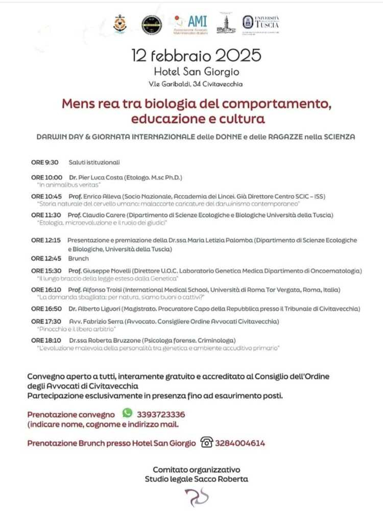 “Mens rea tra biologia e comportamento, educazione e cultura”, convegno a Civitavecchia il 12 febbraio "Mens rea tra biologia e comportamento, educazione e cultura", convegno a Civitavecchia il 12 febbraio