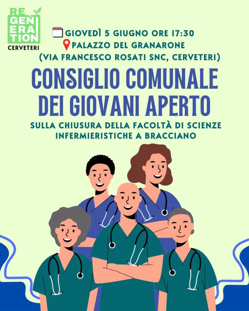 infermieristica bracciano consiglio giovani cerveteri “Regeneration sostiene la protesta degli studenti del corso di laurea in infermieristica di Bracciano, ai quali è stato comunicato unilateralmente che dal prossimo anno dovranno spostarsi a Civitavecchia se vorranno continuare il corso di studi. Questa decisione comporterebbe disagi sia a livello logistico, nei trasporti, sia per quanto riguarda i contratti d’affitto già stipulati dagli studenti a Bracciano. Per questo, come gruppo consiliare Regeneration ci siamo mobilitati per organizzare una seduta aperta alla cittadinanza del consiglio comunale dei giovani che si terrà il prossimo 5 giugno alle 17.30 nell’aula consiliare del Granarone”. Così una nota dei rappresentanti di Regeneration, gruppo del Consiglio Comunale dei Giovani di Cerveteri. La scelta di spostare il corso di laurea da Bracciano, prosegue la nota di Regeneration, “è motivata solo da un risparmio di spesa” e “rappresenta un duro attacco al diritto allo studio e all’offerta di professionisti sanitari da collocare nel territorio”. “Riteniamo che sia nostro dovere politico e morale sostenere incondizionatamente tutte le rivendicazioni a tutela del diritto allo studio”, conclude la nota, invitando tutta la cittadinanza ad intervenire al Consiglio Comunale dei Giovani del 5 giugno.
