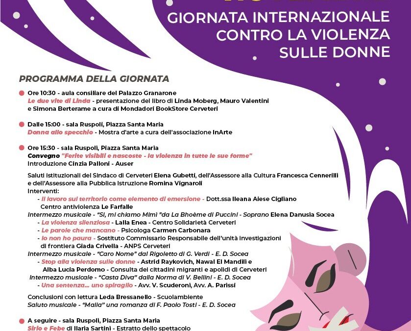 Giornata Internazionale per l’Eliminazione della Violenza contro le Donne: a Cerveteri una giornata di arte, musica, parole e impegno collettivo