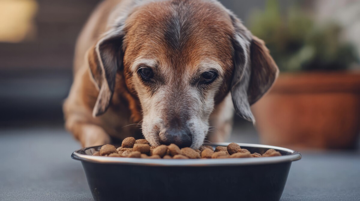 Senior Dog Eating Kibble From Bowl cane anziano