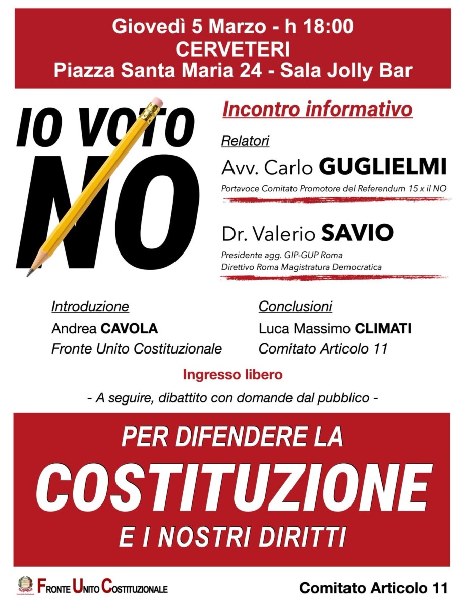 Referendum, a Cerveteri evento del Fronte Unito Costituzionale e del Comitato Articolo 11